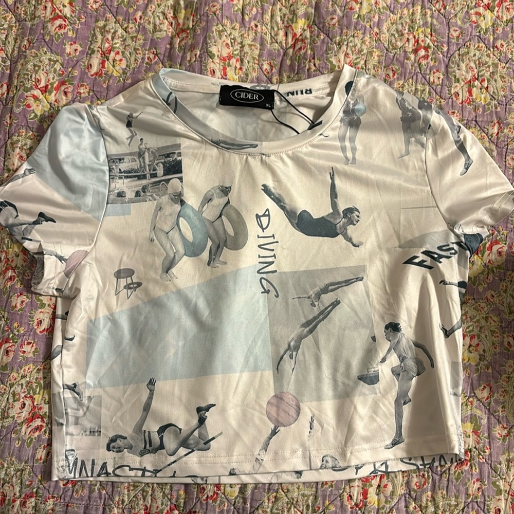 NWT Cider Y2K shiny crop top with vintage swimmers print